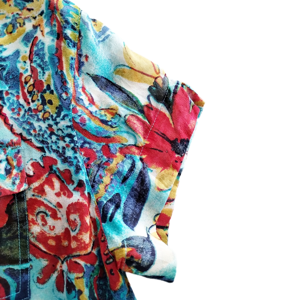 Chico’s Silk Floral Button Down Blouse S Colorful Short Sleeve Pockets - Picture 7 of 9